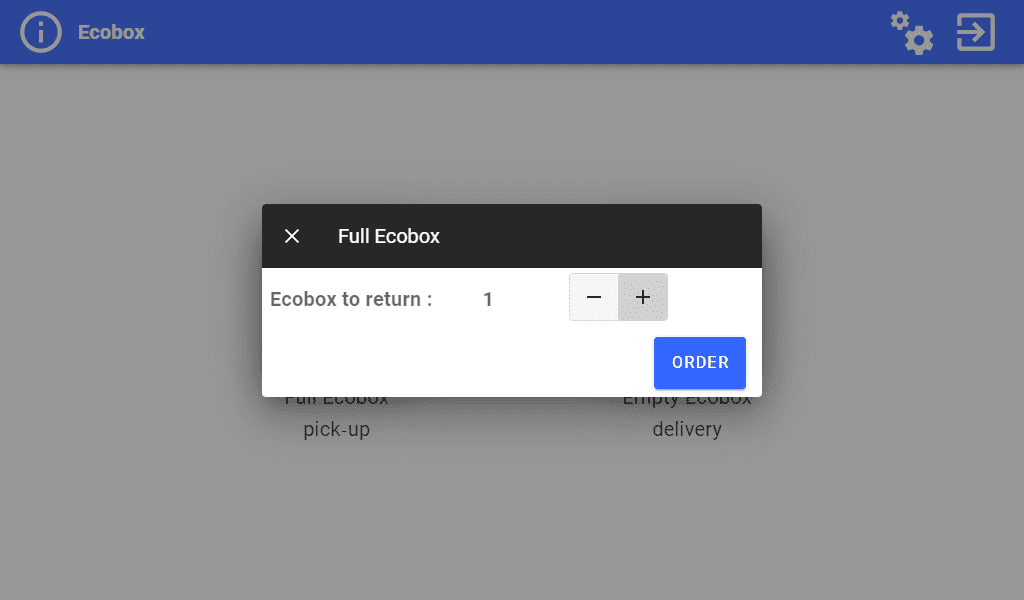 Ecobox application - Consumable return screen Ecobox configuration screen Return label to be printedEcobox configuration screen Selection of number of packages