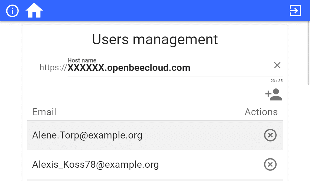 Open Bee Connect application - User management screen Open Bee configuration screen user management