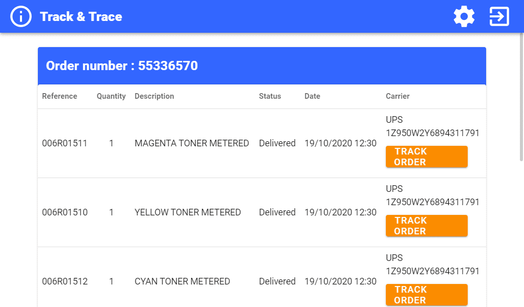 Track & Trace application - Order screen Track & Trace configuration screen Order number