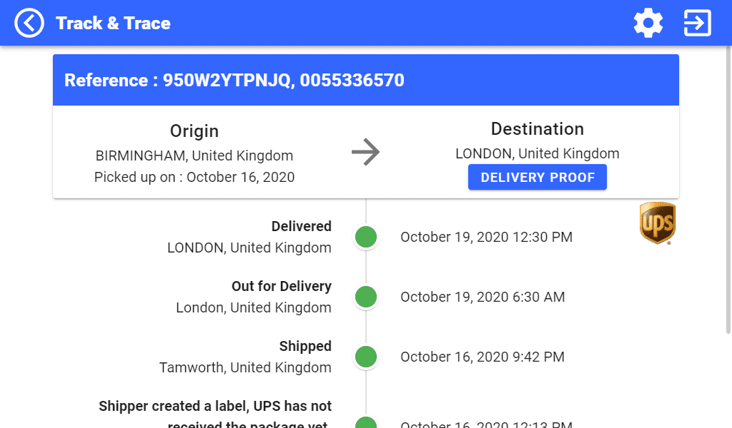 Track & Trace application - Reference, Origin and Destination screen Track & Trace configuration screen Reference, Origin and Destination