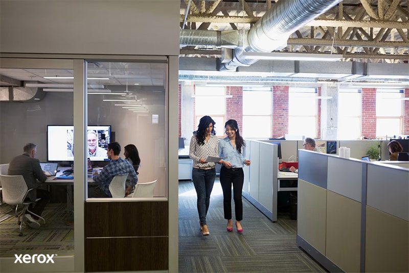 A group of young professionals are gathered in a modern office, engaged in a discussion around a table with laptops and documents, illustrating collaborative work and idea sharing.