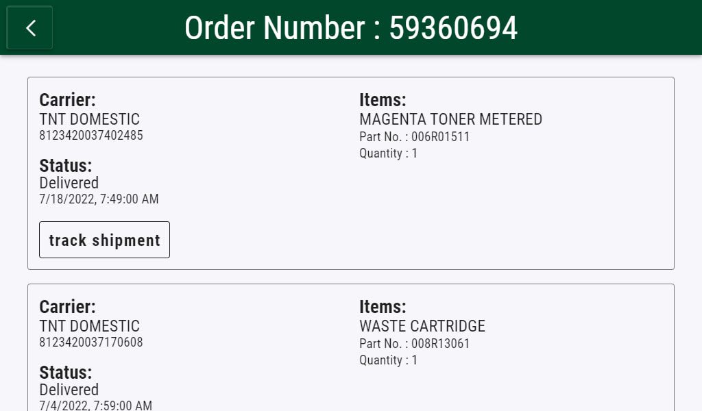 Delivery proof interface Illustration of the application's delivery proof interface
